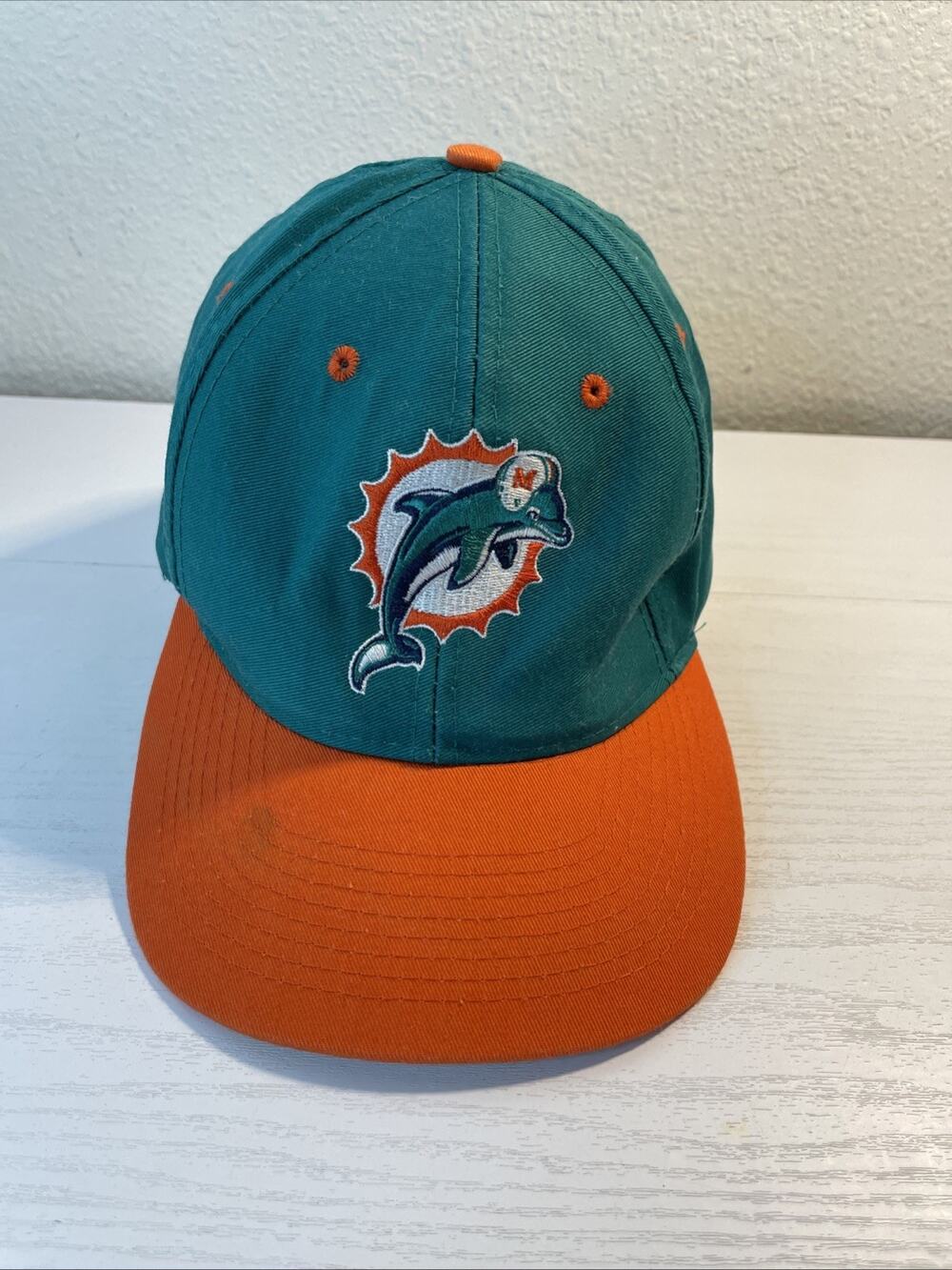 Vintage Miami Dolphins Logo Athletic x NFL Teal and Orange Snapback Hat 90s